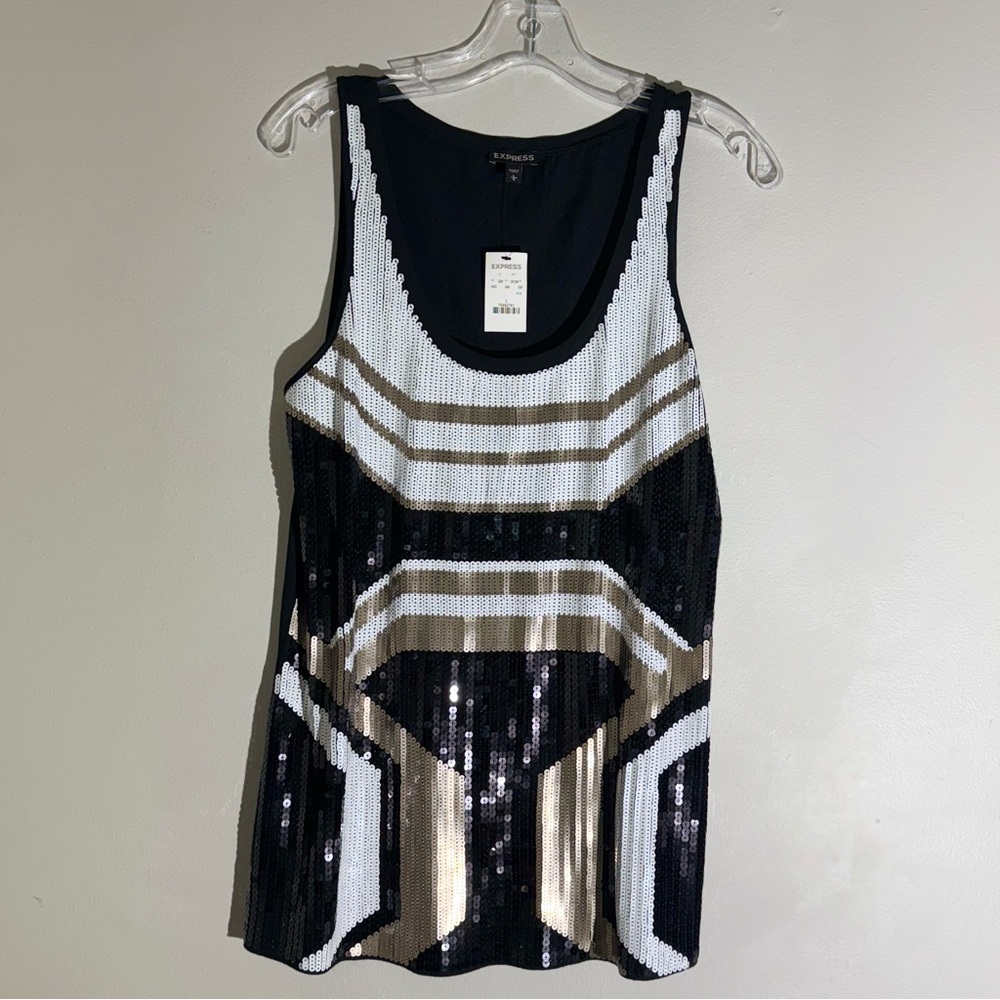 EXPRESS Sequin Geometric Tank Top Women’s L Black, Gold and White NWT